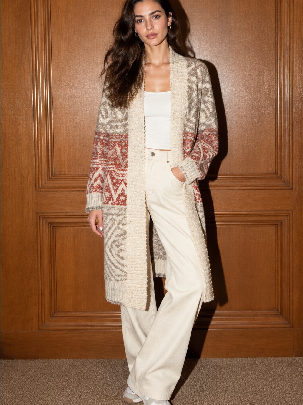 Joie Women’s Medium Cardigan Sweater Red/Orange Beige Long Geo Aztec Bohemian